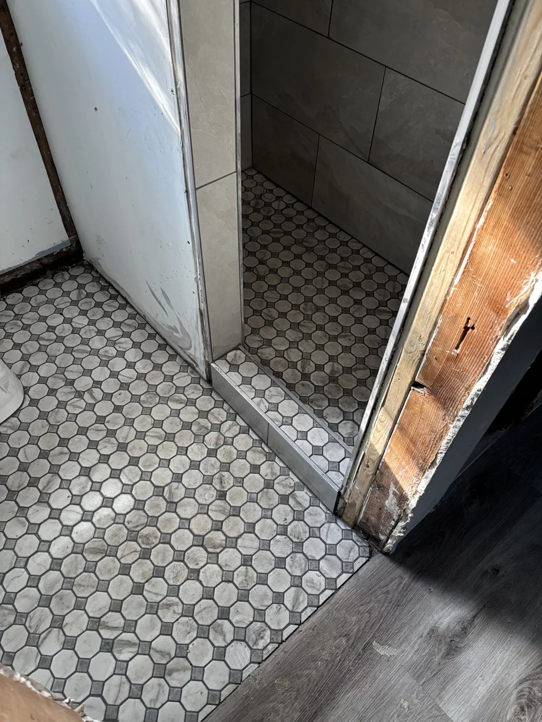 Mosaic floor tile continuing into the shower with a tiled threshold and a transition to wood-look flooring.