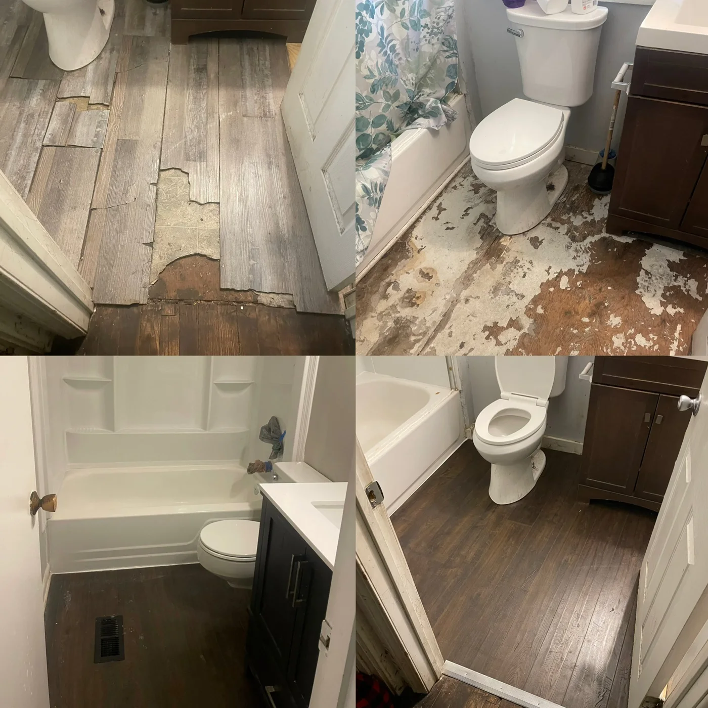 Before and after: flooring improvements and toilet installation.