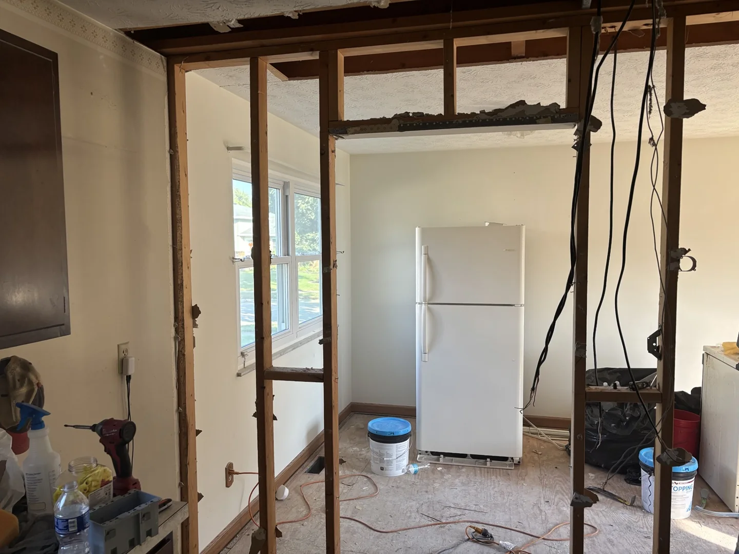 Interior renovation with exposed wall framing, wiring and removed flooring during demolition.