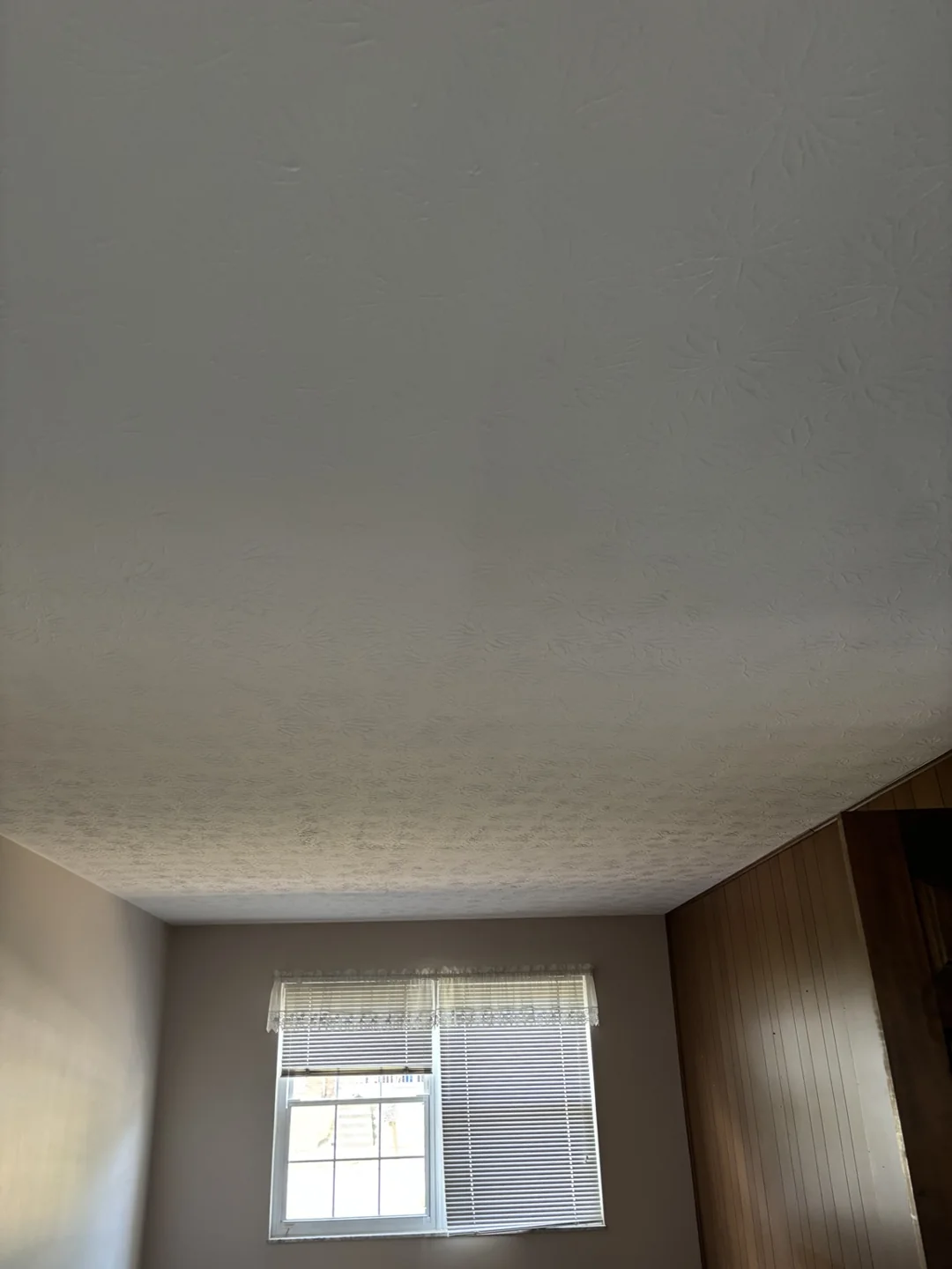 Original textured ceiling above a living room window before ceiling smoothing.